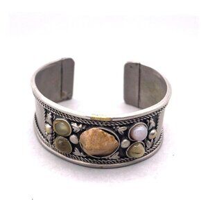 Gemstone Cabochons Wide Cuff Bracelet tribal ethnic Silver Tone Vintage